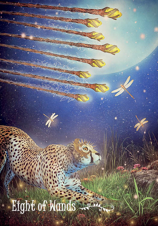 A cheetah crouches in grass under a starry sky with a large moon as eight wands and dragonflies fly overhead. "Eight of Wands" is at the bottom left. From The Westwood Tarot by Schiffer Publishing, Ltd.