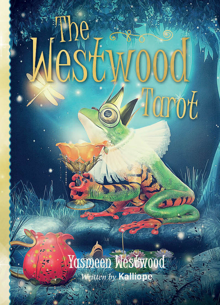 The Westwood Tarot by Schiffer Publishing, Ltd. features a magical illustrated cover: a colorful frog in a ruffled collar sits on grass with a glowing fairy, teapot, and cup in an enchanted forest scene.