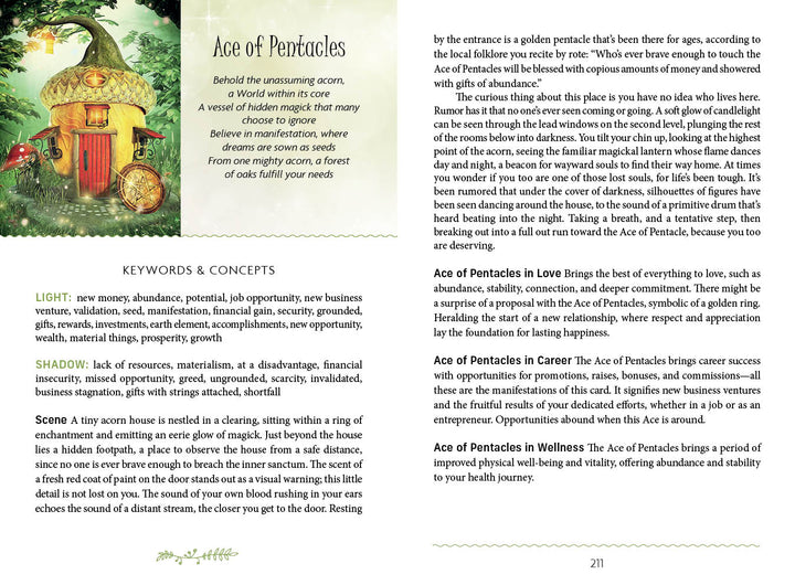 The Westwood Tarot by Schiffer Publishing, Ltd. includes an Ace of Pentacles guidebook with a fairy door in a tree, mushrooms, golden coins, and offers card meanings, keywords, and interpretations for love, career, and wellness.