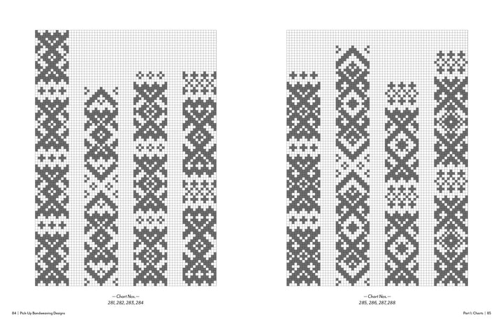 Pick-Up Bandweaving Designs by Schiffer Publishing, Ltd. features two grids of black-and-white geometric patterns. Each vertical row showcases unique motifs—diamonds, crosses, and zigzags—that echo classic bandweaving charts for weavers.