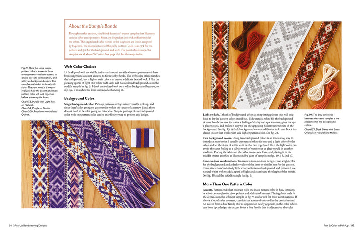 A spread from "Pick-Up Bandweaving Designs" by Schiffer Publishing, Ltd. displays woven bands in purple, orange, and brown with geometric patterns, matching yarn skeins, explanations of color choices, and pattern charts for Baltic-style bandweaving.