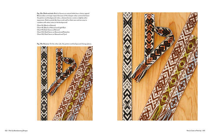 Two handwoven sashes with geometric designs in black, white, and brown lay on wood. Their diamond and floral patterns highlight traditional styles featured in Pick-Up Bandweaving Designs by Schiffer Publishing, Ltd.