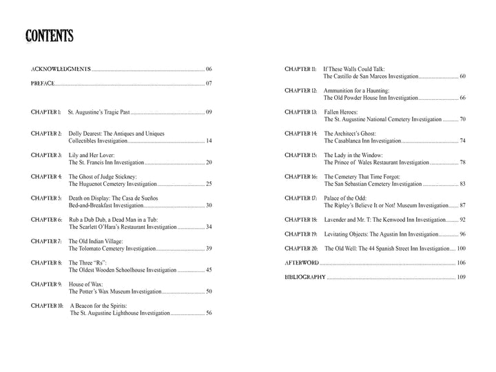 The table of contents in *St. Augustine’s Afterlife* by Schiffer Publishing, Ltd. lists chapters like “St. Augustine’s Tangled Past” and “The Ghost Judge Society,” spotlighting the city’s haunted history and ghost stories, with page numbers for each.
