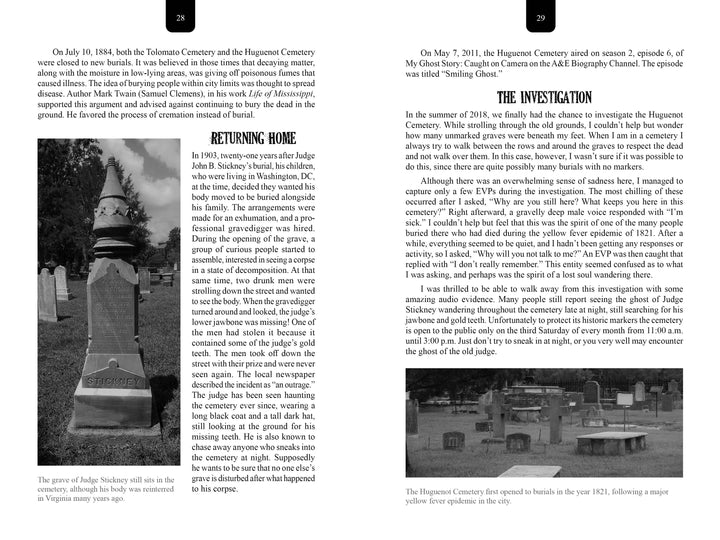 Two black-and-white photos from St. Augustine’s Afterlife (Schiffer Publishing, Ltd.) feature a headstone beneath a tree and an atmospheric wide view of Huguenot Cemetery, famed for its ghostly ties to local legends.