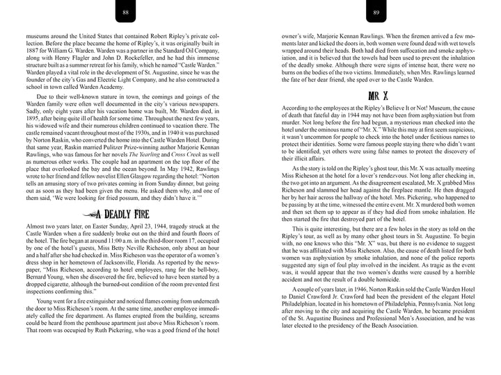 Two pages from "St. Augustine’s Afterlife" by Schiffer Publishing, Ltd. show dense black text on white; the left page features a DEADLY FIRE heading, while the right begins with MR X—no images, only intriguing haunted tales.