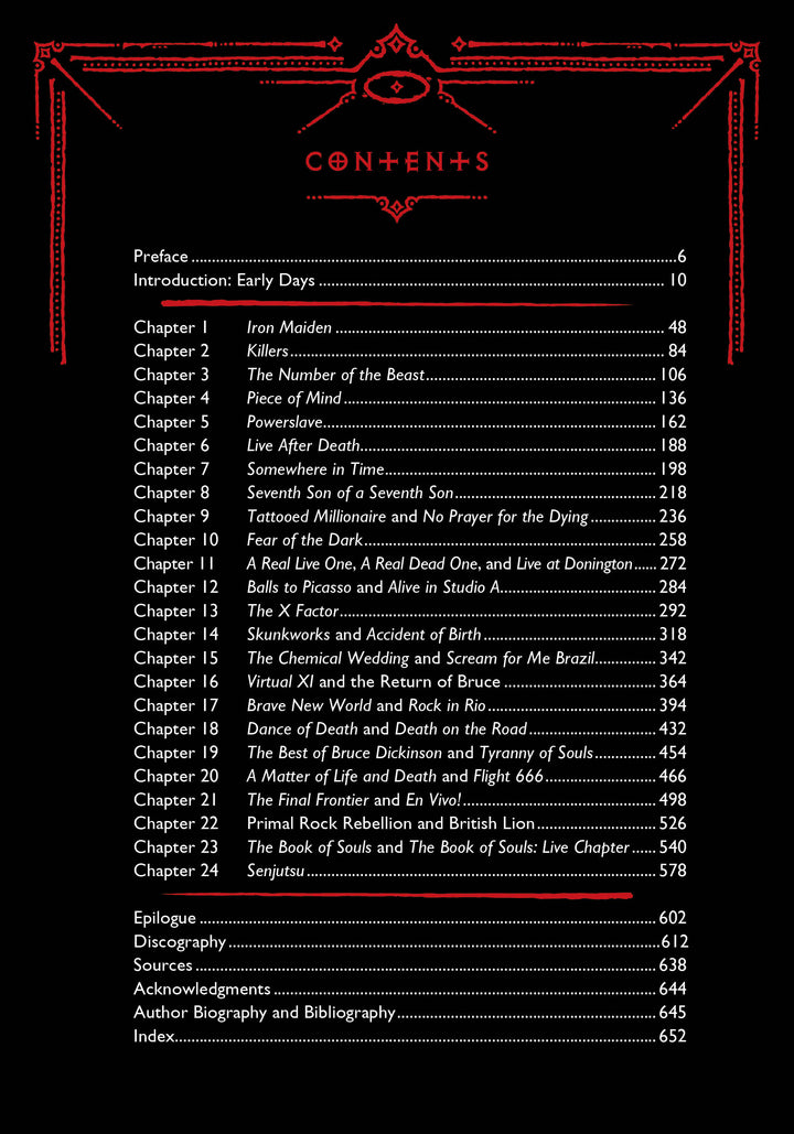 Table of contents page from "Hallowed by Their Name" (Schiffer Publishing, Ltd.), a book on Iron Maiden. Chapters list song and album titles with page numbers under a Contents section decorated with red graphics and symbols.