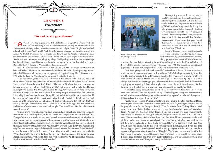Two pages from Hallowed by Their Name by Schiffer Publishing, Ltd. show text and a color photo of Iron Maiden. The left page features the “Powerslave” chapter introduction by Martin Popoff. Caption: Front cover of the Deluxe Edition.