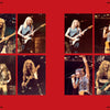 A collage of eight photos from "Hallowed by Their Name" by Schiffer Publishing, Ltd. shows long-haired rock musicians performing on stage with guitars and bass, set against a red background with black decorative borders.