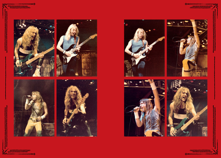 A collage of eight photos from "Hallowed by Their Name" by Schiffer Publishing, Ltd. shows long-haired rock musicians performing on stage with guitars and bass, set against a red background with black decorative borders.