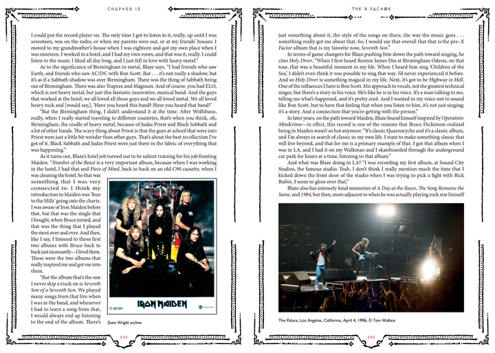 Two pages from "Hallowed by Their Name" (Schiffer Publishing, Ltd.) explore Iron Maiden’s music and early tours—one features a band photo, the other shows them performing live under bright lights before a massive crowd.