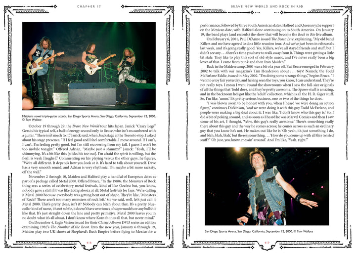 Two pages from *Hallowed by Their Name* (Schiffer Publishing, Ltd.) show: left—a trio of heavy metal guitarists; right—a singer in vest and scarf gripping a mic, both taken during Iron Maiden’s 2000 concert.