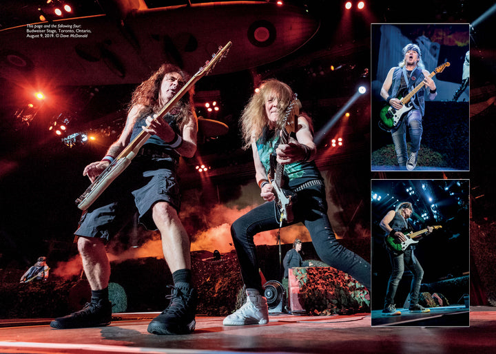 Two rock guitarists perform energetically onstage under colorful lights. To the right, three smaller images show a third guitarist, capturing the energy of "Hallowed by Their Name" from Schiffer Publishing, Ltd., reminiscent of Iron Maiden.