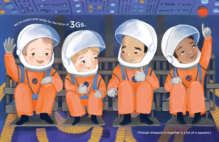 Four kids in orange spacesuits sit together in a spacecraft, smiling and chatting among wires and panels. "Reaching for the Stars" by Schiffer Publishing, Ltd. is perfect for a space-themed picture book or introducing STEM concepts to children.