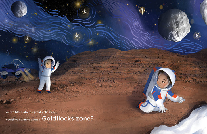 In "Reaching for the Stars" by Schiffer Publishing, Ltd., two kids in spacesuits explore a rocky planet with swirling stars and a rover nearby as they discover STEM concepts in this imaginative space picture book.