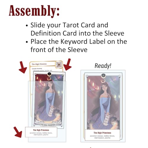 Instructional graphic for Schiffer Publishing, Ltd.'s Tarot Training Sleeves: insert tarot and definition cards into the sleeve, then add the keyword label on front. Example uses The High Priestess card—perfect for interactive tarot learning.