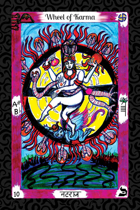 The Vedic Tarot by Schiffer Publishing, Ltd. features the Wheel of Karma card with a deity dancing in a flaming wheel of red snakes, symbolic markings, and vibrant background. The number 10 and text नटराज are at the bottom.
