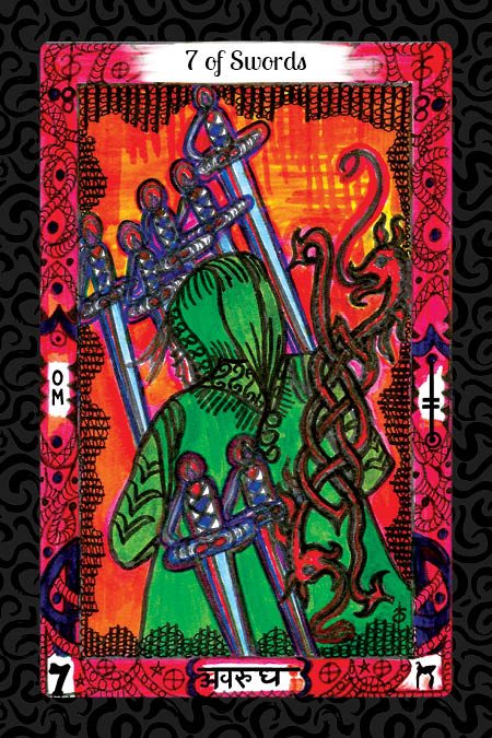 The Vedic Tarot by Schiffer Publishing, Ltd. features a vivid 7 of Swords card with a hooded green figure holding five swords against a vibrant red-orange backdrop, ornate borders, and two swords left behind.