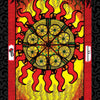 The Vedic Tarot by Schiffer Publishing, Ltd. features an Ace of Shields card with a sun-like shield adorned with intricate patterns and red-orange rays against a vivid yellow-red background, merging Vedic and Western Tarot symbolism.
