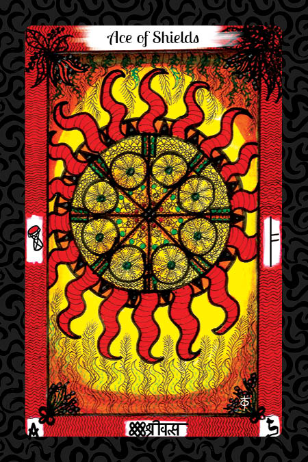 The Vedic Tarot by Schiffer Publishing, Ltd. features an Ace of Shields card with a sun-like shield adorned with intricate patterns and red-orange rays against a vivid yellow-red background, merging Vedic and Western Tarot symbolism.