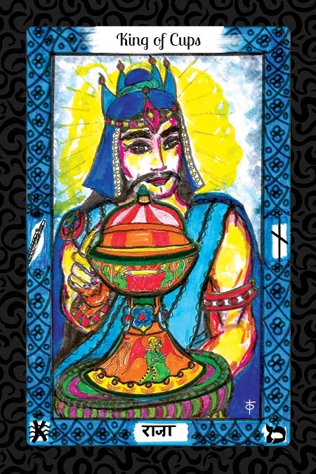 The Vedic Tarot by Schiffer Publishing, Ltd. features the King of Cups—a crowned man with facial hair in blue and gold robes, holding an ornate chalice—set against a bright yellow background with a blue patterned border.
