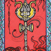 The Vedic Tarot by Schiffer Publishing, Ltd. features a golden staff with twin serpents and detailed patterns against a red background, bordered in vibrant colors. Abstract shapes and suns blend Western Tarot mystique with Eastern spirituality.