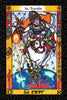 The Vedic Tarot by Schiffer Publishing, Ltd. features a vibrant card showing an armored figure on a white bull against a starry blue sky, bordered with symbols. The title "1st. Traveller" tops the card as the figure holds a glowing staff.