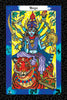 A vibrant illustration from The Vedic Tarot by Schiffer Publishing, Ltd. shows blue-skinned goddess Durga with many arms on a tiger, ornate attire and crown, set against a yellow background with symbols, “Maga,” and Eastern spiritual themes.