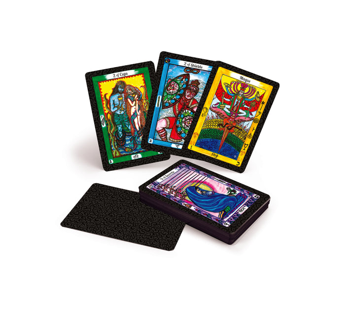 The Vedic Tarot by Schiffer Publishing, Ltd. is shown with three upright cards featuring vibrant Eastern-inspired art, a stacked deck, and one face-down card, all displayed against a white background.
