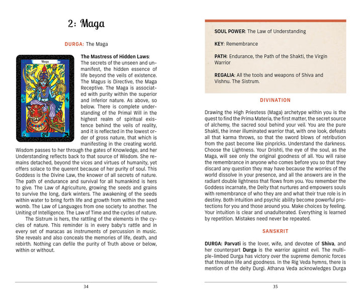 Two pages from "The Vedic Tarot" by Schiffer Publishing, Ltd., feature text on Durga as Maga—covering her laws, associations, divination, Sanskrit terms, and section headers with a summary box. No images; only decorative symbols are included.
