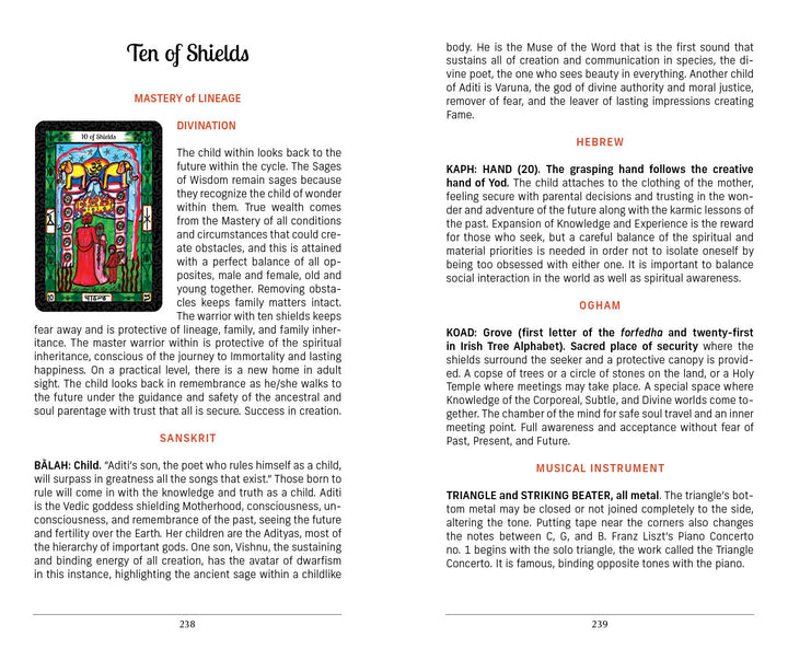 An open book, The Vedic Tarot by Schiffer Publishing, Ltd., shows the Ten of Shields card with interpretations and keywords on one page, and insights into Tarot wisdom via ancient languages and spiritual symbolism on the other.