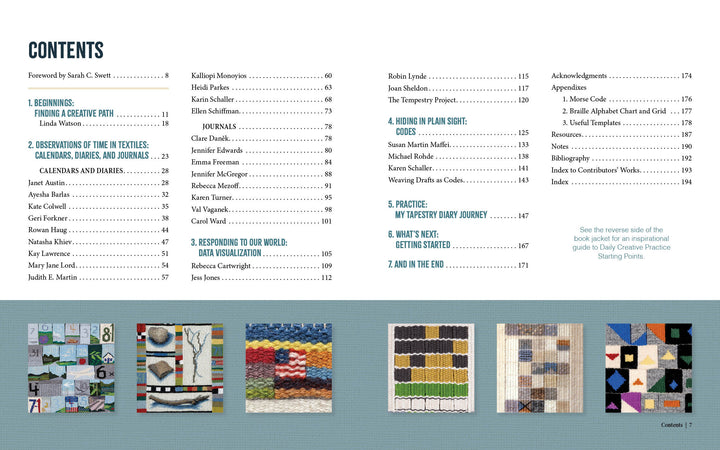 The table of contents for "Marking Time with Fabric and Thread" by Schiffer Publishing, Ltd. lists sections and page numbers. Below, six colorful images highlight vibrant textile and quilt patterns that inspire everyday creativity.