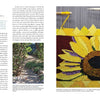 A magazine spread from "Marking Time with Fabric and Thread" by Schiffer Publishing, Ltd. features an article titled "Listening," with a garden path photo on the left and a vibrant tapestry-woven sunflower on the right.