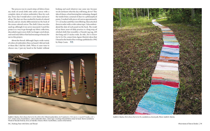 A page from "Marking Time with Fabric and Thread" by Schiffer Publishing, Ltd. shows two vibrant fiber art images: a tapestry in a gallery and another as a winding path outdoors, both accompanied by text.
