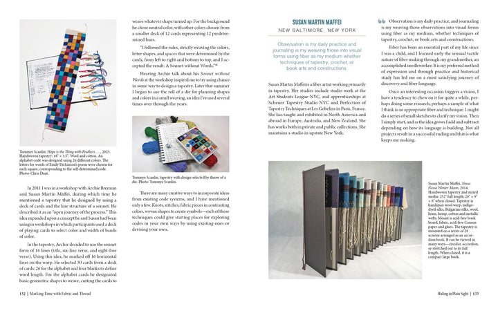 A magazine spread highlights "Marking Time with Fabric and Thread" by Schiffer Publishing, Ltd., showcasing woven textile art, vibrant books, fiber art details, and articles on Susan Martin Maffei’s tapestry techniques and insights.