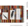 Marking Time with Fabric and Thread" by Schiffer Publishing, Ltd. features vibrant stripes, feather-illustrated panels, and a column of abstract postage stamps—celebrating daily creative practice in fiber art.