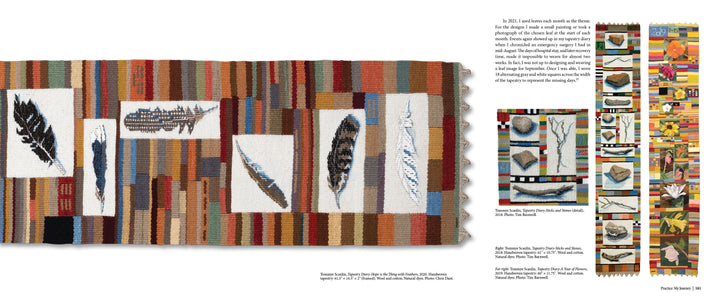 Marking Time with Fabric and Thread" by Schiffer Publishing, Ltd. features vibrant stripes, feather-illustrated panels, and a column of abstract postage stamps—celebrating daily creative practice in fiber art.