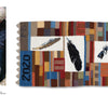 A person weaves at a loom beside a vibrant tapestry with geometric patterns and feathers. A close-up shows detailed feathers and "ONON" woven vertically. Product: Marking Time with Fabric and Thread by Schiffer Publishing, Ltd.