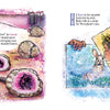 A hand cracks a geode, crystals sparkling inside, alongside the book "Boys Are Witches Too!" by Schiffer Publishing, Ltd. Nearby, a girl admires icy patterns on a window, magic and wonder filling the snowy meadow view.