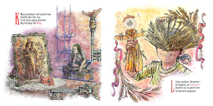 A sepia-toned illustration depicts a girl turning a key in an old box, while on the right, a pajama-clad child holds a corn doll, recalling memories and nature magic from Schiffer Publishing, Ltd.’s "Boys Are Witches Too!.