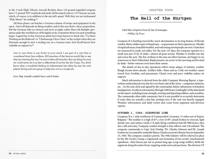 Excerpts from "Dying Hard" by Schiffer Publishing, Ltd. cover German WW2 artillery, GIs' battle stories, and Chapter Four's start—“The Hell of the Hürtgen”—featuring text and a quote by 39th Infantry Regiment's Orville D. Boyer.