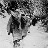 Soldiers featured in "Dying Hard" by Schiffer Publishing, Ltd. march in white camouflage through snowy woods during WWII, seamlessly blending into the wintry forest like true brothers in arms.