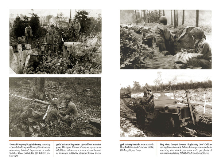 The cover of "Dying Hard" by Schiffer Publishing, Ltd. features four sepia WWII photos: soldiers in trenches, a machine gun team in woods, 39th Infantry Regiment at a howitzer, and a general in a jeep with troops in forested settings.