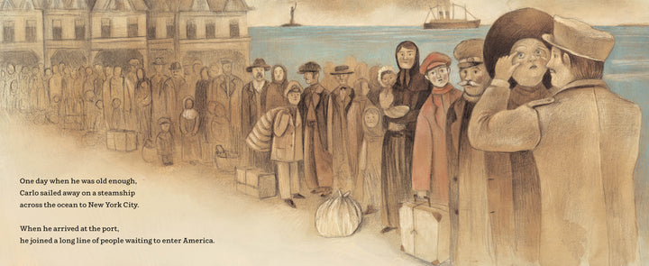 A sepia-toned illustration from "Bound to Dream" by Schiffer Publishing, Ltd. shows Italian immigrants with suitcases lining up at a port, ships behind them. On the left, text tells of Carlo’s 1800s arrival in New York City.
