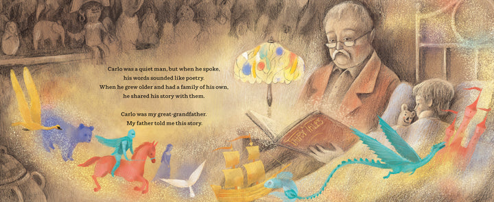 An elderly man with glasses reads at a desk with colorful creatures, a toy ship, and lamp. Onlookers evoke an 1800s NYC Italian immigrant tale. "Bound to Dream" by Schiffer Publishing, Ltd.; text is on the left side.