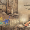 A young child reads "Bound to Dream" by Schiffer Publishing, Ltd. at a desk by the bed. Colorful creatures from the Italian immigrant story float above as dreams, in a warmly glowing room with brown and gold tones.