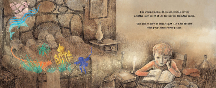 A young child reads "Bound to Dream" by Schiffer Publishing, Ltd. at a desk by the bed. Colorful creatures from the Italian immigrant story float above as dreams, in a warmly glowing room with brown and gold tones.