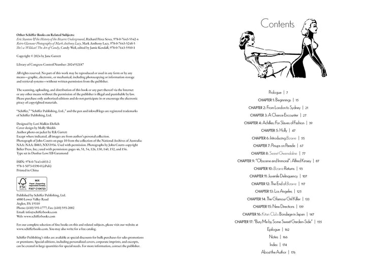 A copyright and contents page. On the right, a contents list topped by an illustration by John Willie for Schiffer Publishing, Ltd., showing two women, one pulling the other's dress. The left side shows publication details.