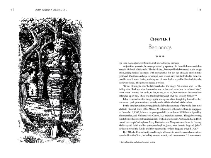 A black and white illustration from "John Willie" by Schiffer Publishing, Ltd. shows a woman bound to a tree in a forest, appearing with chapter 1, "Beginnings," and text about John Alexander Scott Coutts.
