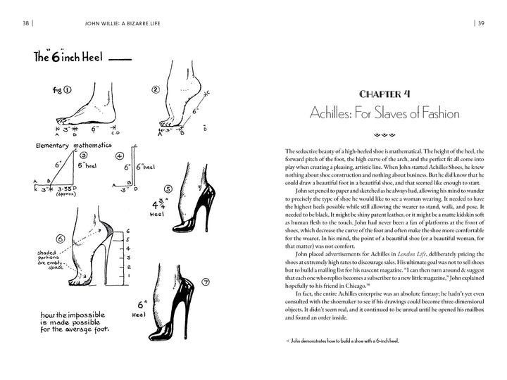 A two-page spread from Schiffer Publishing, Ltd.’s "John Willie": the left shows diagrams analyzing foot angles and the math of a six-inch heel; the right introduces Chapter 4, referencing fetish artist John Willie.