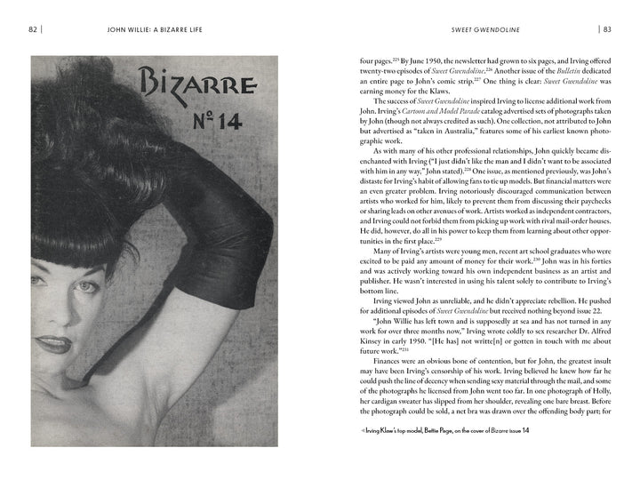 A black and white photo of a woman with bangs in long black gloves appears on the left page of "John Willie" by Schiffer Publishing, Ltd. Above her are the words “Bizarre No 14,” and the right page showcases “Sweet Gwendoline.”.